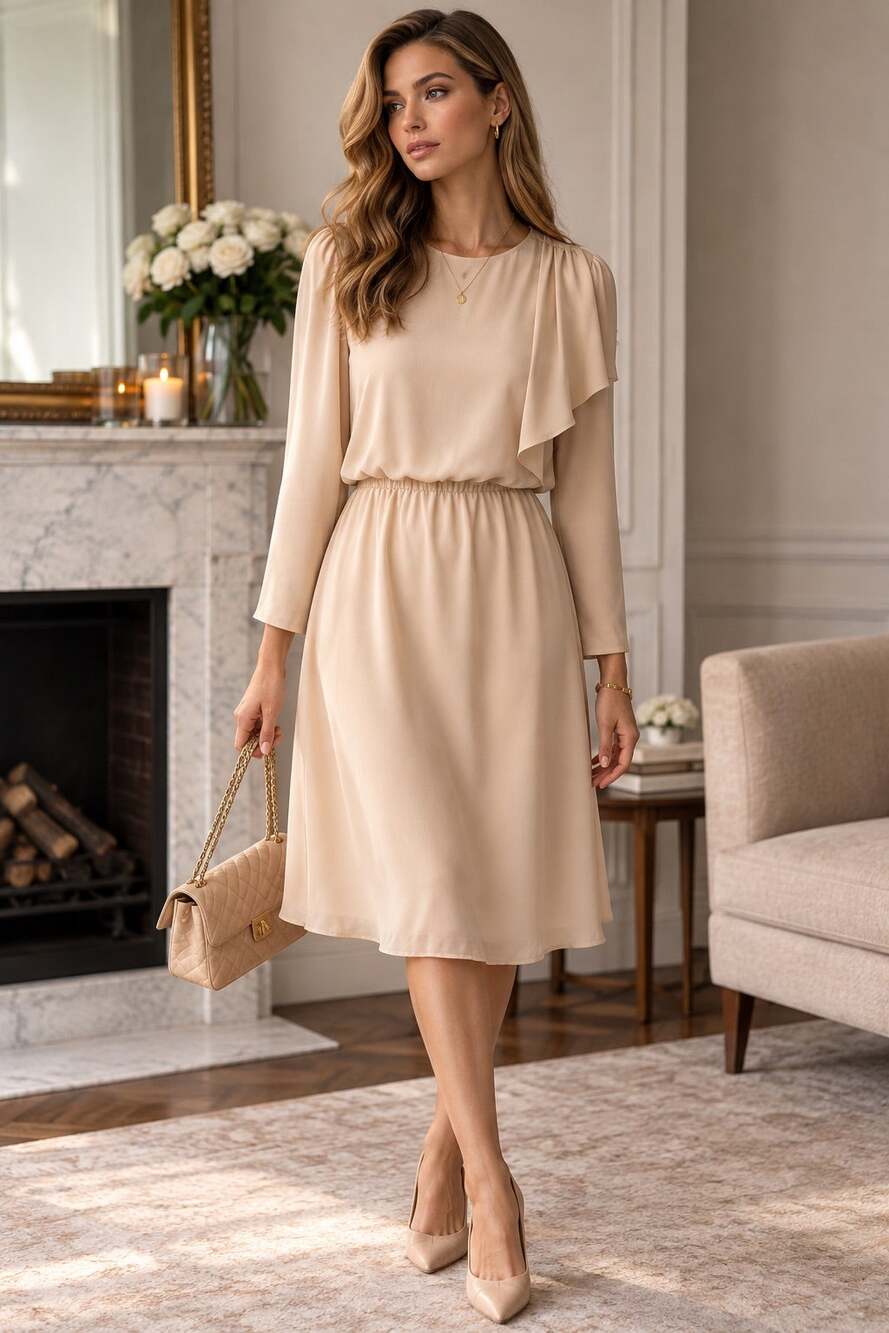 Vintage 70s Bullocks Wilshire Ivory Chiffon Midi Dress Draped Cocktail Elegant